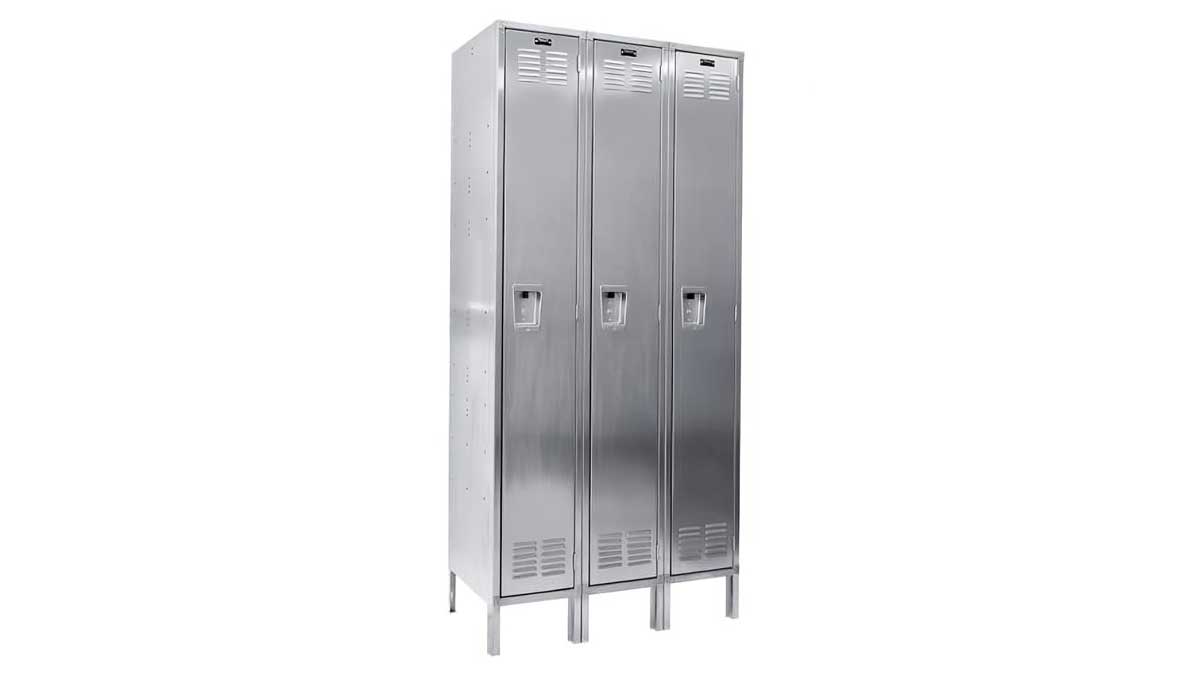 three compartment steel gym storage locker providing secure personal item storage 